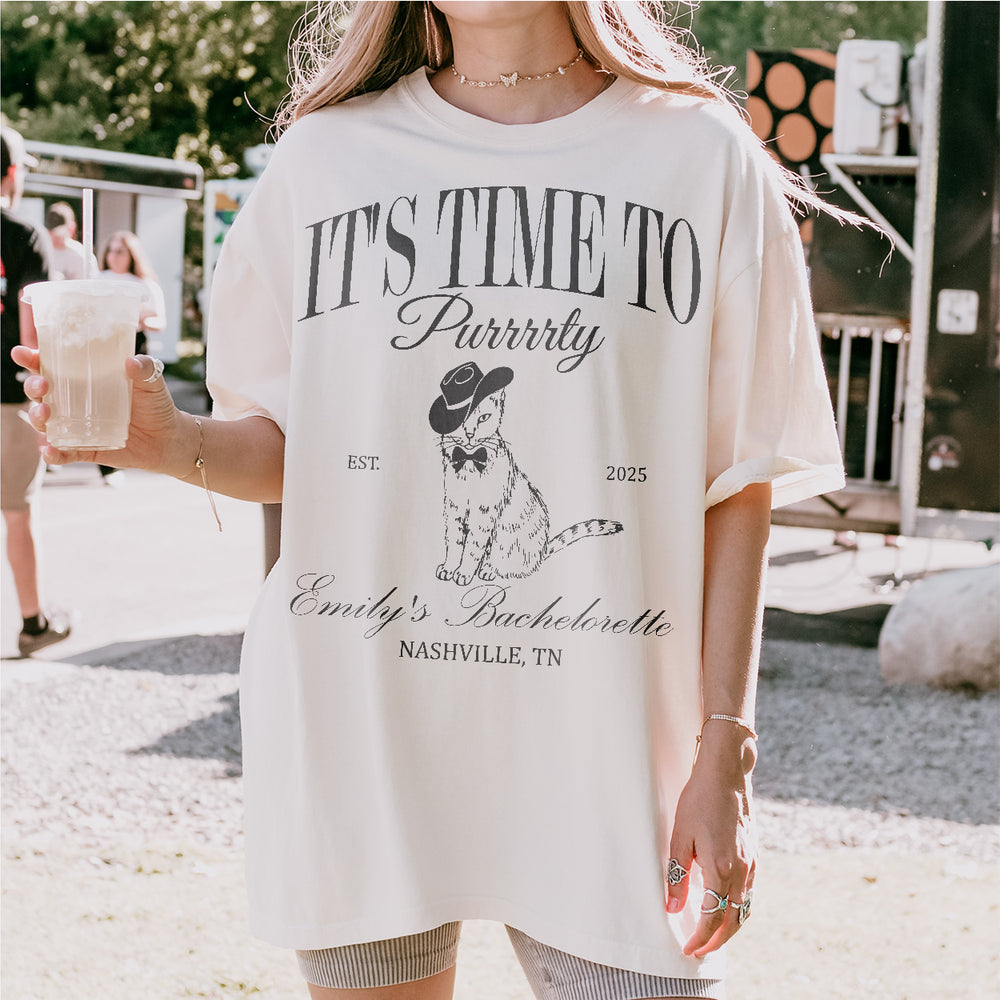 Cute cat-themed bachelorette party shirts for the bride tribe to wear on a cat lover's bachelorette trip or bridal celebrations