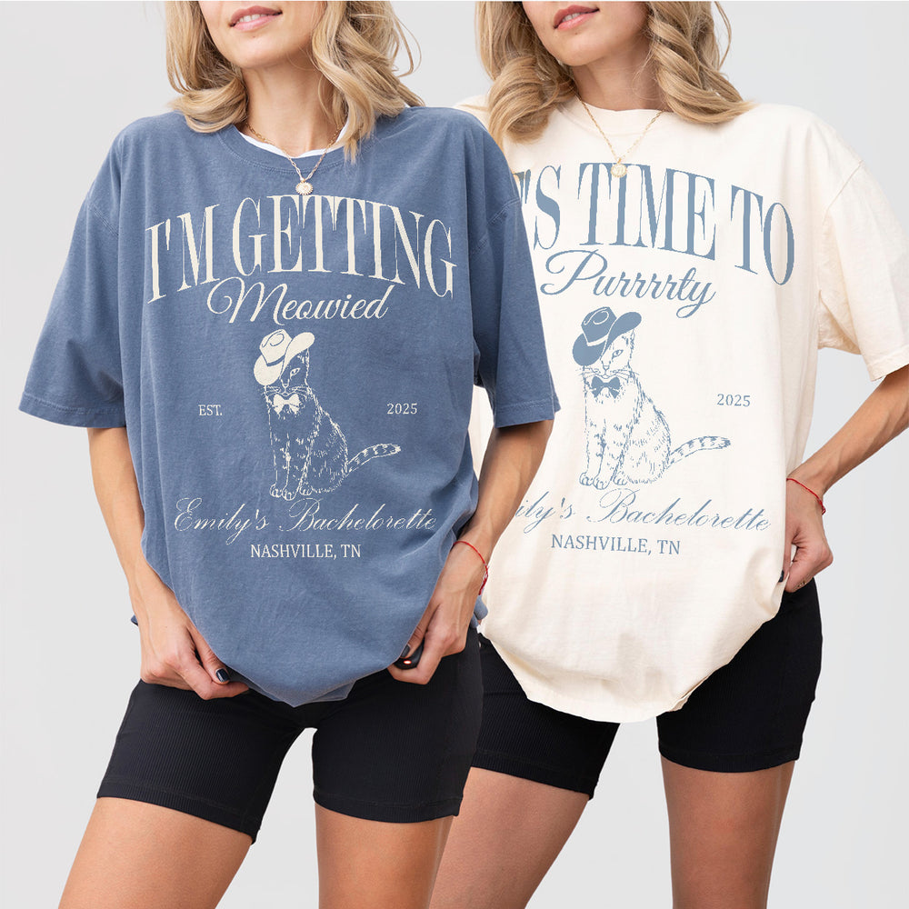 Matching cat-themed bachelorette shirts for the bridal party, featuring a cute getting meowied design and pun perfect for a cat lover's bachelorette trip