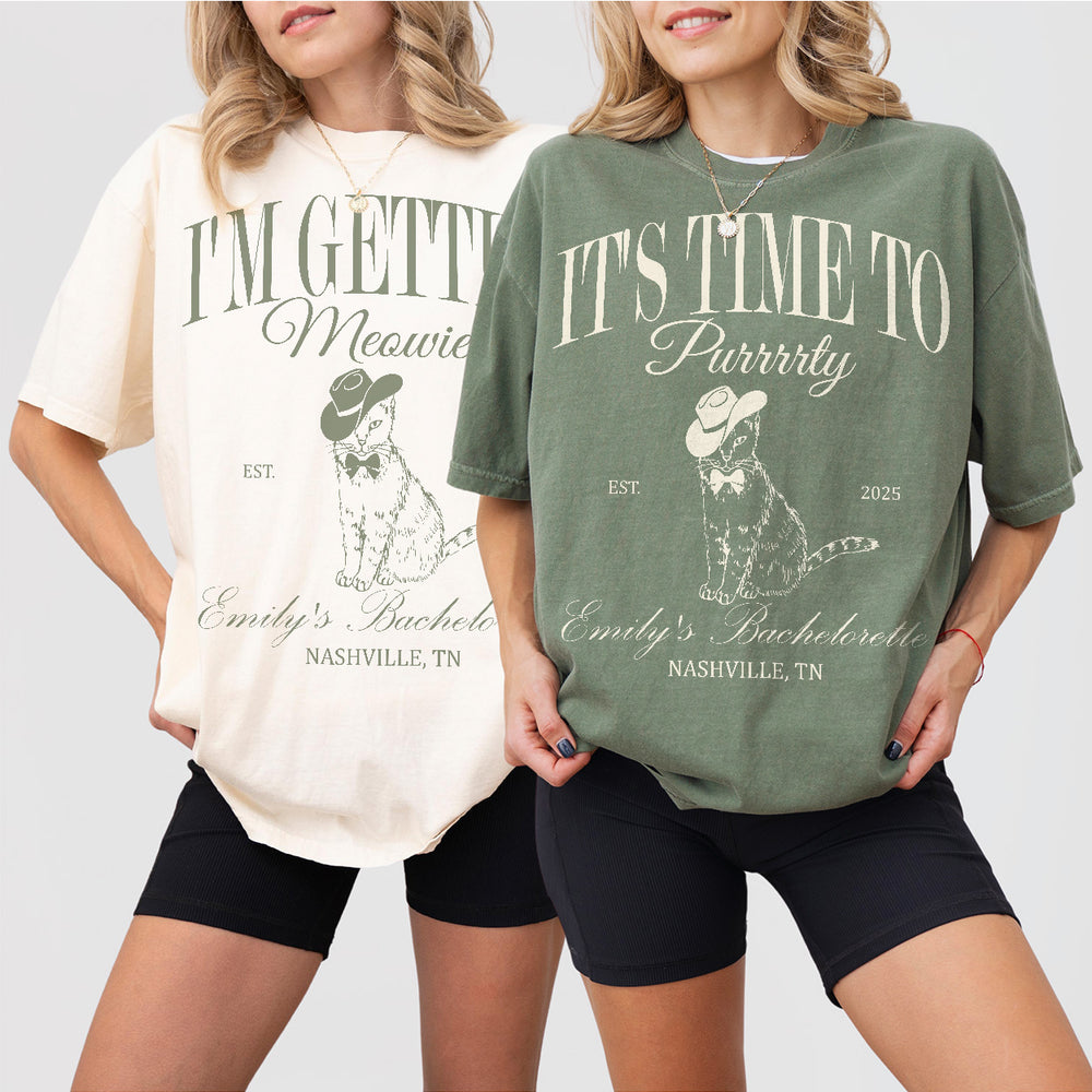 Matching cat-themed bachelorette party shirts with "Getting Meowied" design, perfect for a feline-loving bride and her bridal party