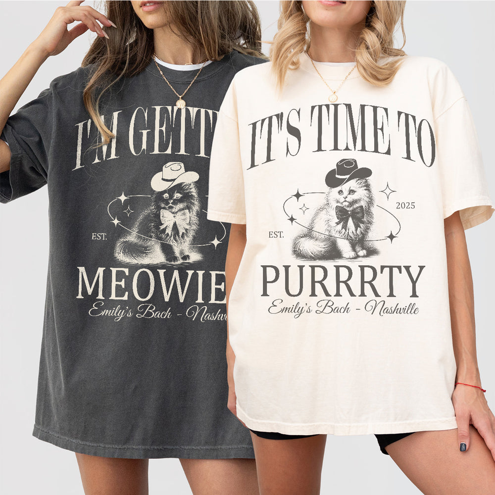 Matching cat themed bachelorette shirts for the bride's squad on a cat lover's bachelorette weekend or bridal party trip