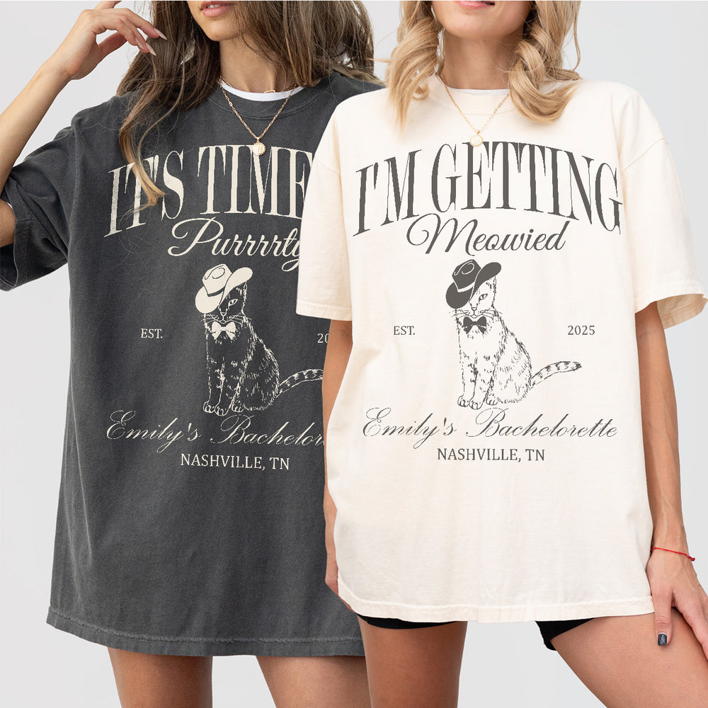 Matching cat-themed bachelorette party shirts with "Getting Meowied" design for the bridal party to wear as a fun coordinated outfit