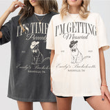 Matching cat-themed bachelorette party shirts with "Getting Meowied" design for the bridal party to wear as a fun coordinated outfit