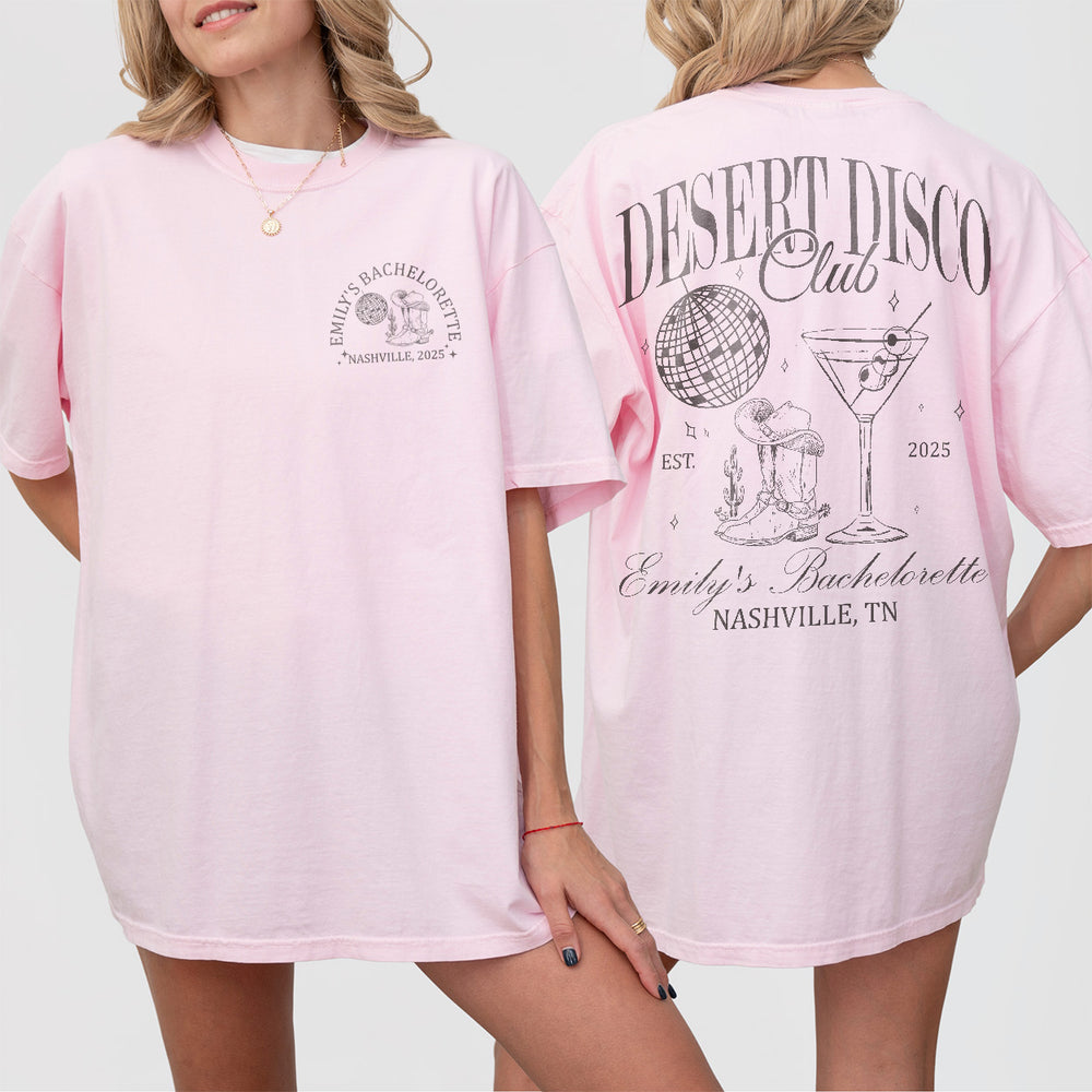 Bachelorette party blossom pink cotton shirt featuring desert disco and western bride-to-be design for a luxury Scottsdale bachelorette celebration
