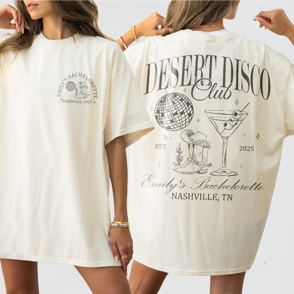 Ivory cotton bachelorette shirt with disco bride-to-be design for a luxury western-themed desert bachelorette party in Scottsdale