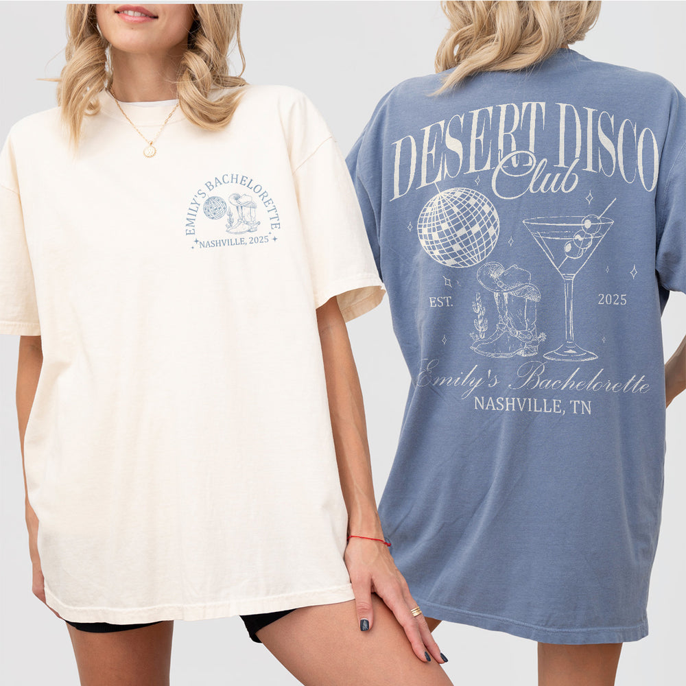 Matching desert disco bachelorette shirts for a luxury western themed bridal party in Scottsdale, coordinating bachelorette merch