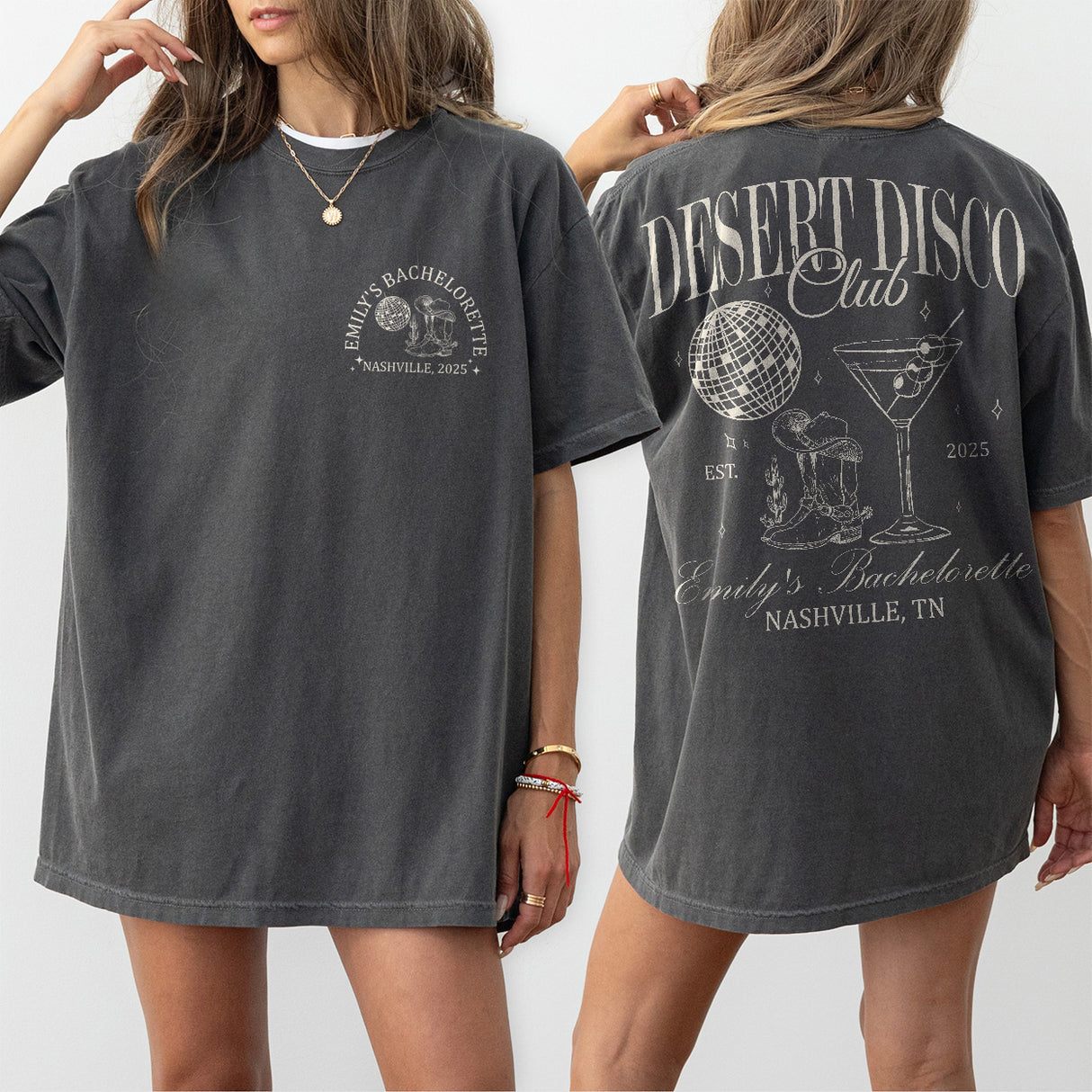 Cotton bachelorette party shirts in pepper color featuring disco and western designs, perfect for a luxury desert bachelorette celebration