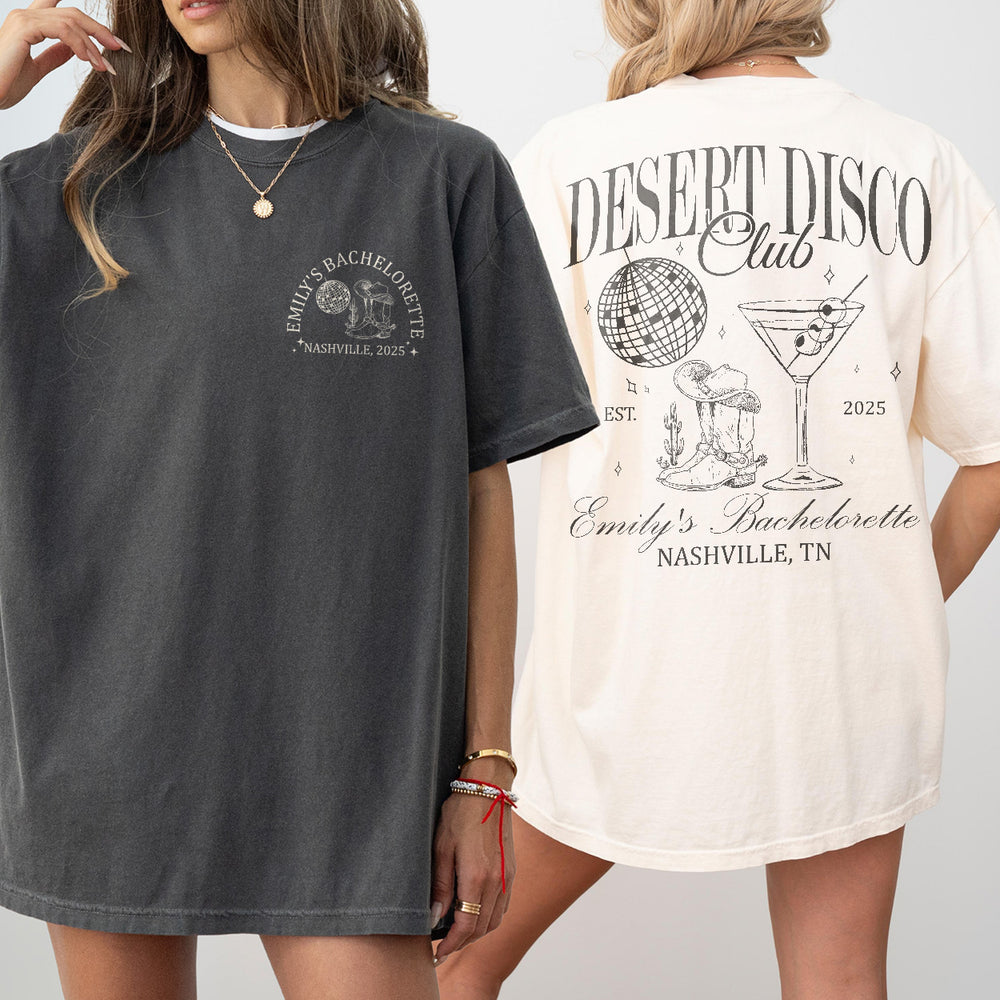 Fun custom bachelorette shirts featuring a desert disco design for the bride and bridesmaids to coordinate in Scottsdale