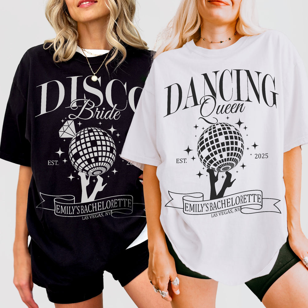 Matching disco bachelorette party shirts for the bride and bridesmaids to dance and celebrate during the last fling before the ring
