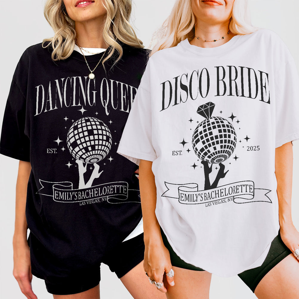 Disco bachelorette party shirts with "Dancing Queen" and "Last Disco" designs in vibrant colors for a fun bridal party look
