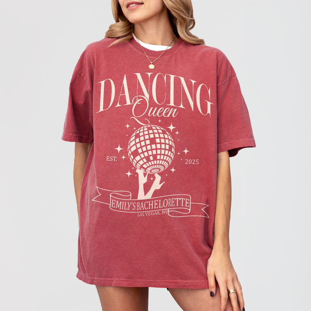 Crimson cotton disco bride shirt perfect for the bachelorette party dancing queen to celebrate her last fling before the ring