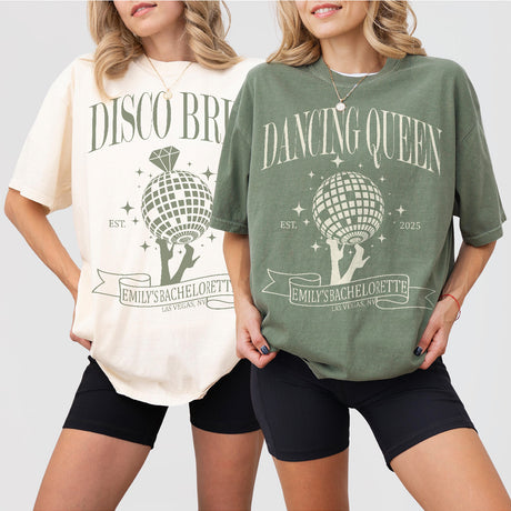 Matching disco-themed bachelorette shirts for the bride and bridesmaids to coordinate outfits on the dance floor or at the last fling before the ring