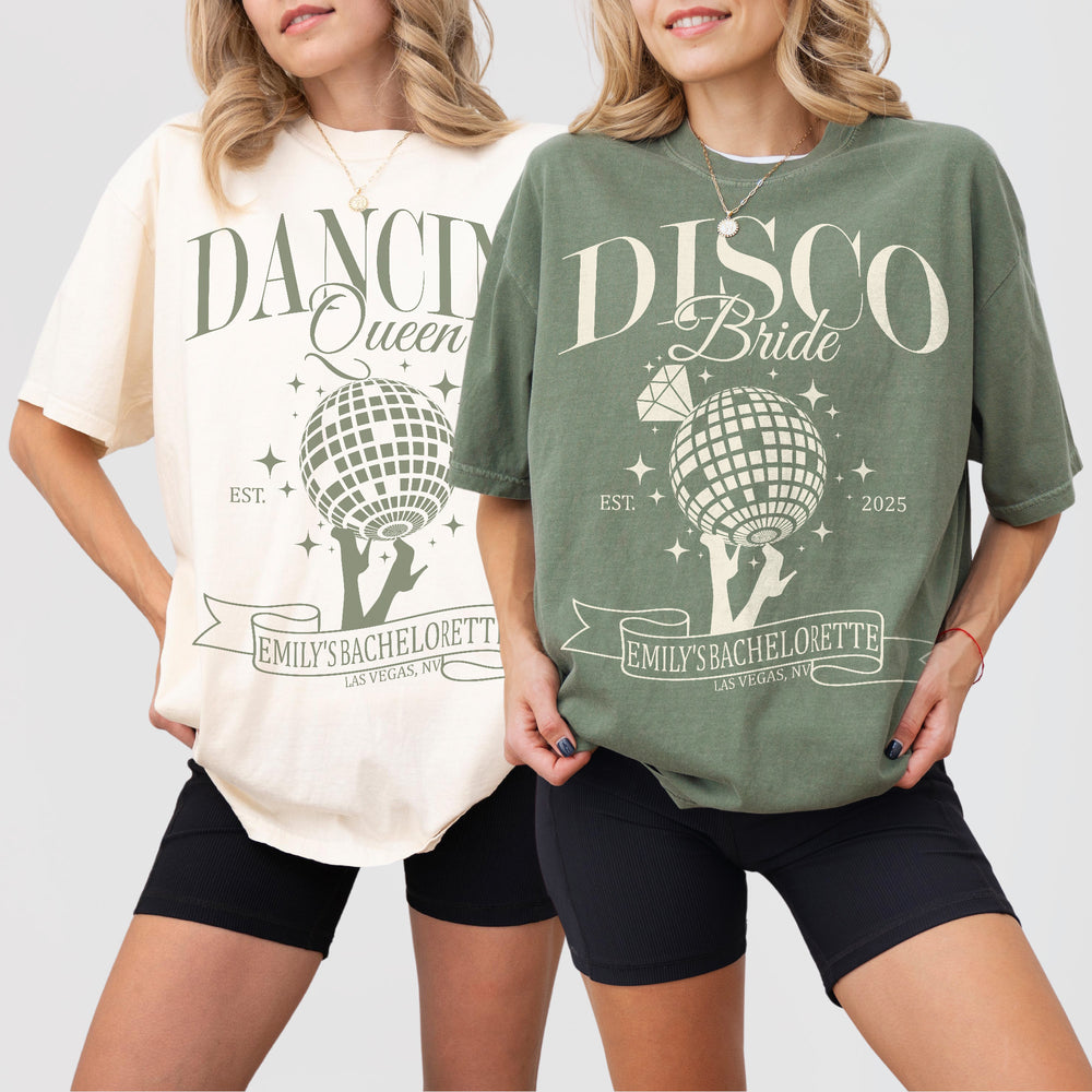 Matching bachelorette party shirts featuring retro disco designs for the bride and bridal party to dance the night away