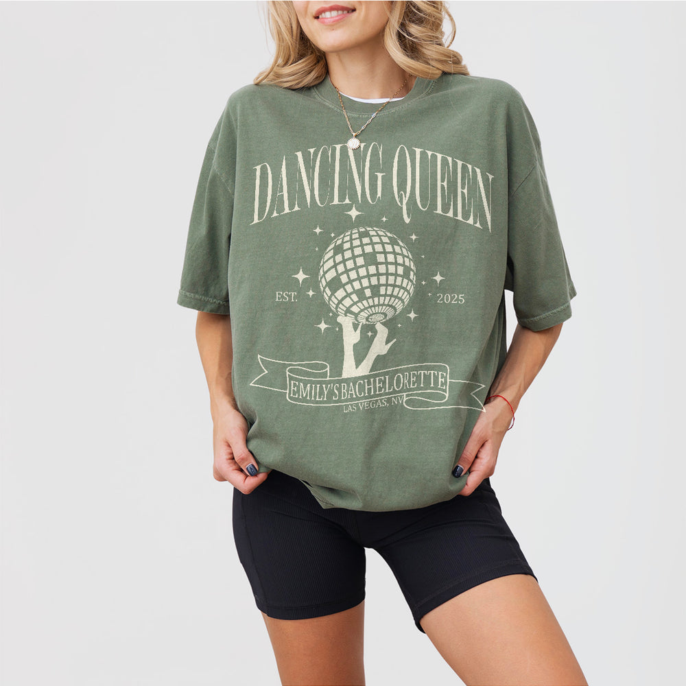 Moss green cotton disco bachelorette shirt featuring a retro dancing queen design for a fun last fling before the wedding