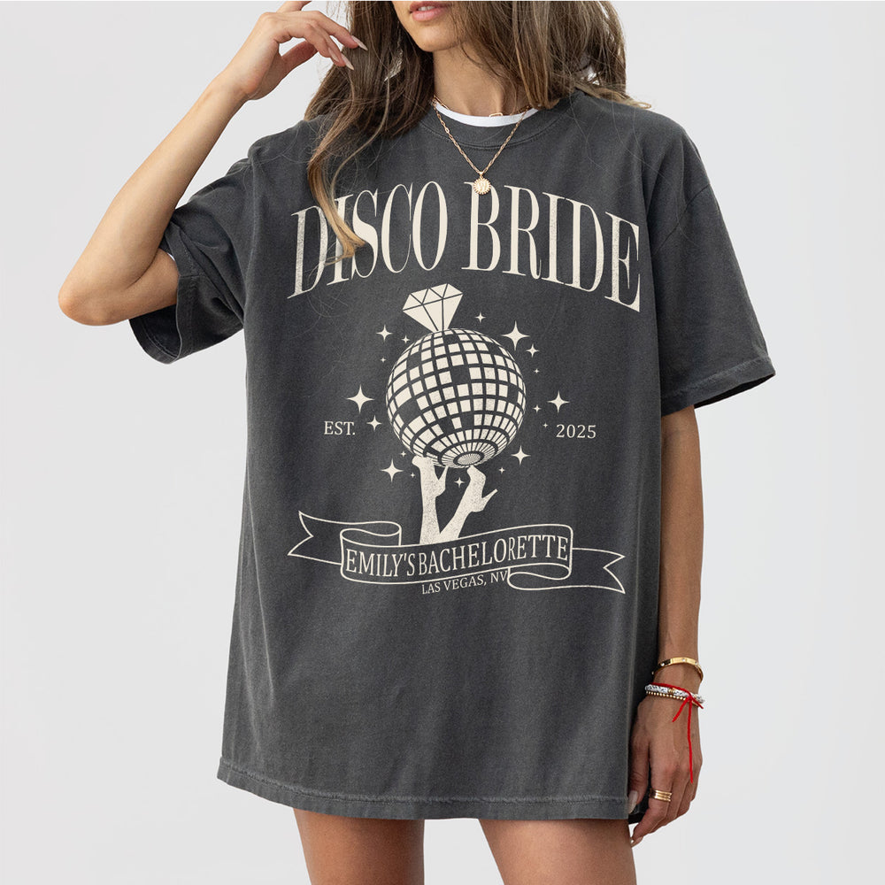 Pepper cotton disco bachelorette party shirt featuring retro graphics perfect for the bride and her dancing queen squad