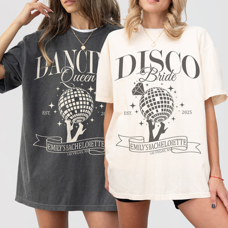 Matching disco-themed bachelorette shirts for the bride and bridal party to coordinate and celebrate the last fling before the ring