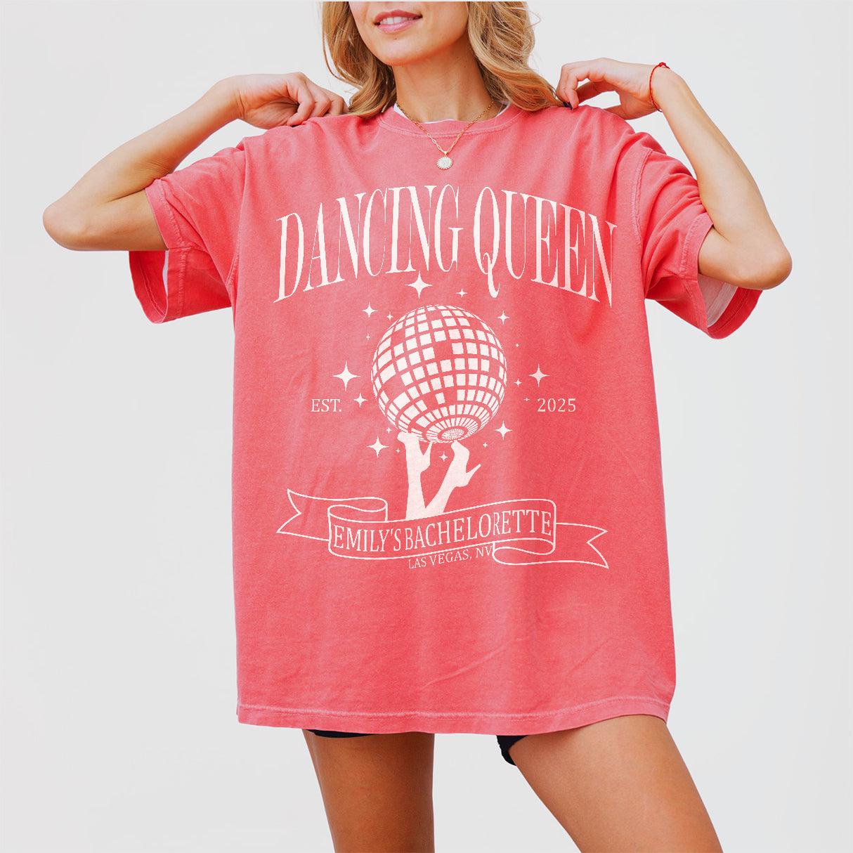 Vibrant watermelon colored disco bachelorette shirt perfect for the bride-to-be or bridal party on a fun last fling before the wedding
