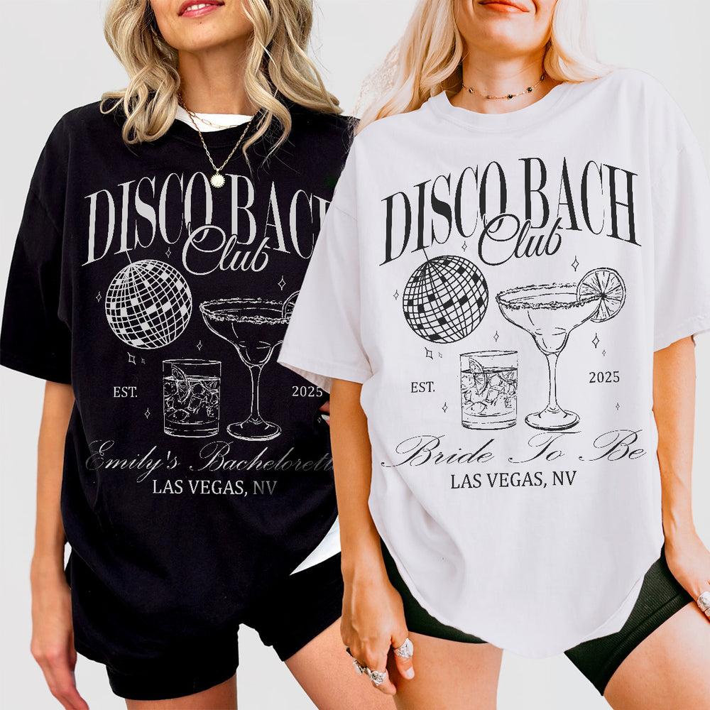 Matching disco bachelorette party shirts for the bride-to-be and her bridal crew to celebrate the last fling before the ring