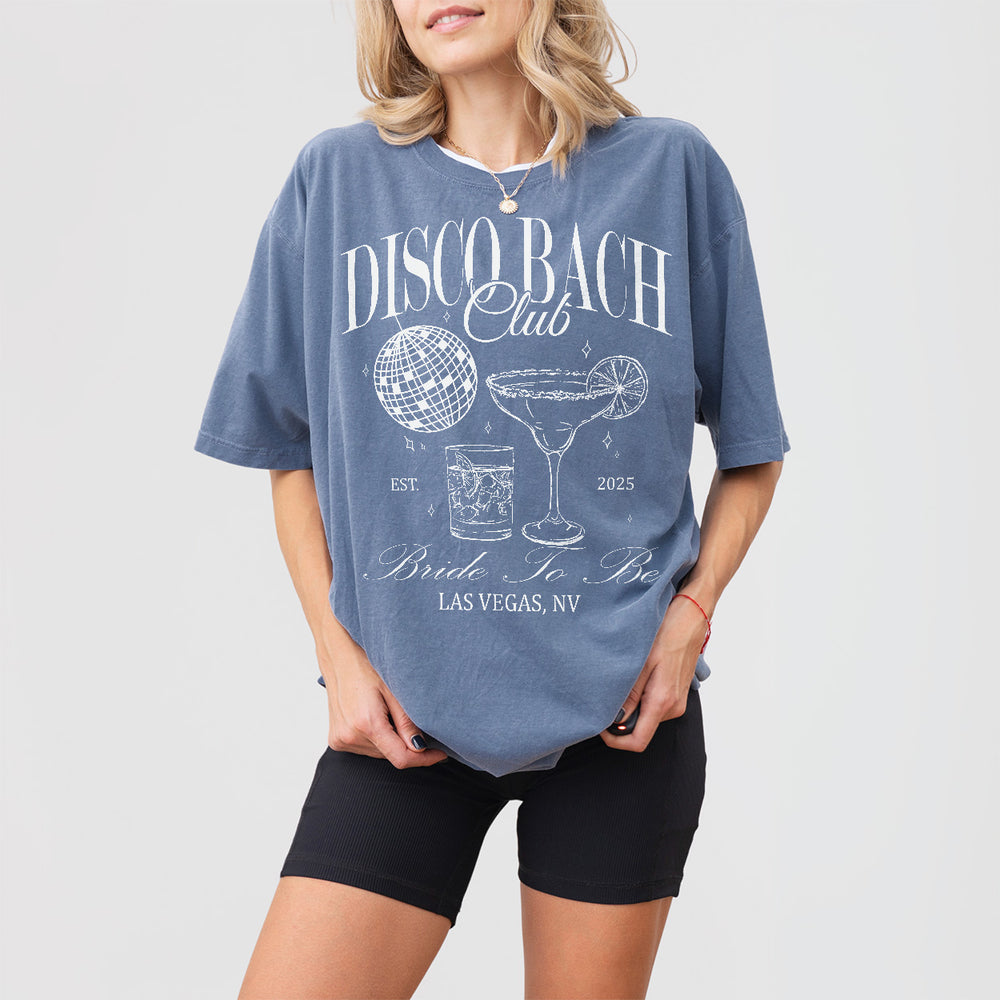 Personalized blue denim shirt for a disco-themed bachelorette party, perfect for the bride-to-be and bridal party gifts