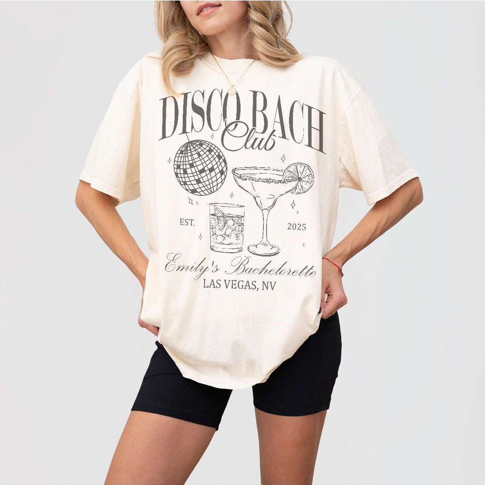Ivory cotton bachelorette party shirt with a disco theme design, perfect for the bride-to-be or bridesmaids to wear at the bachelorette celebration