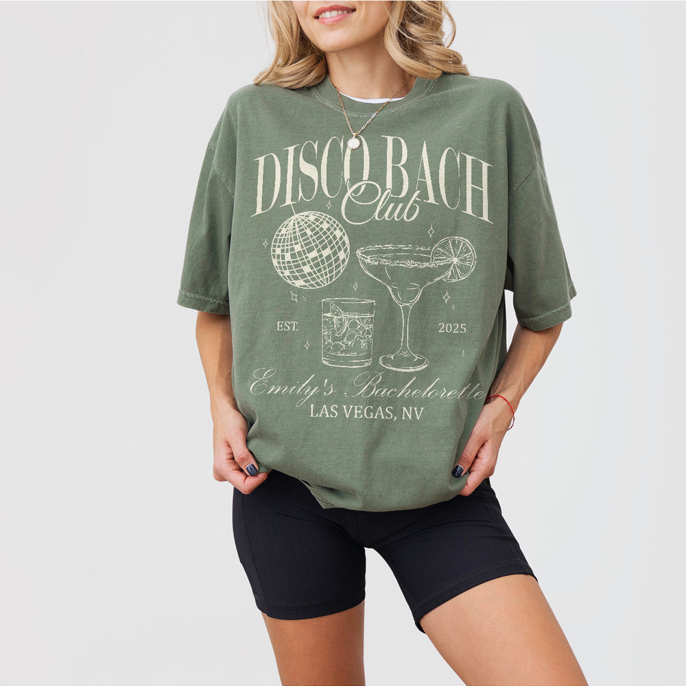 Moss green cotton disco bachelorette shirt personalized for the bride-to-be and bridal party to wear at the last fling before the ring