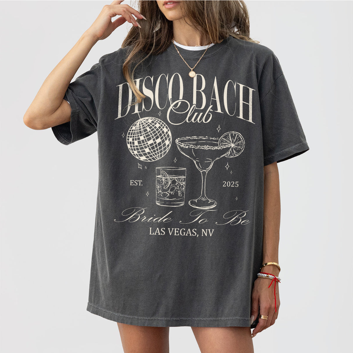 Pepper cotton disco bachelorette shirt customized with names for the bride-to-be and her bridal party to wear during the last fling celebrations