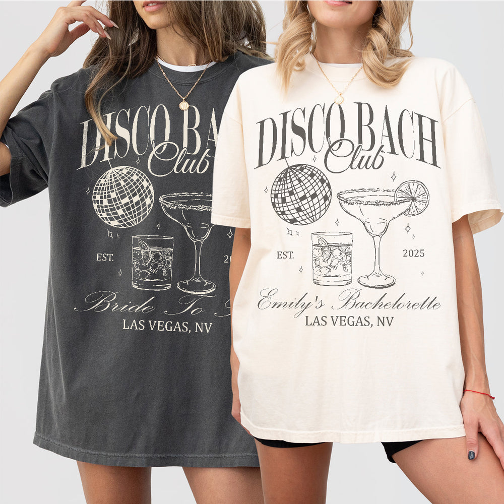 Matching disco style bachelorette shirts, personalized for the bride and bridal party at a fun last fling celebration