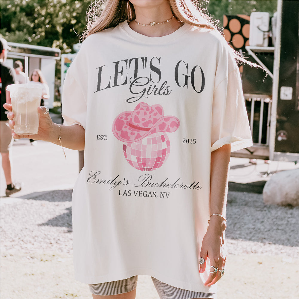Disco cowgirl bachelorette party shirt for bride and bridal party worn out for a Nashville bach weekend with the maid of honor and girls