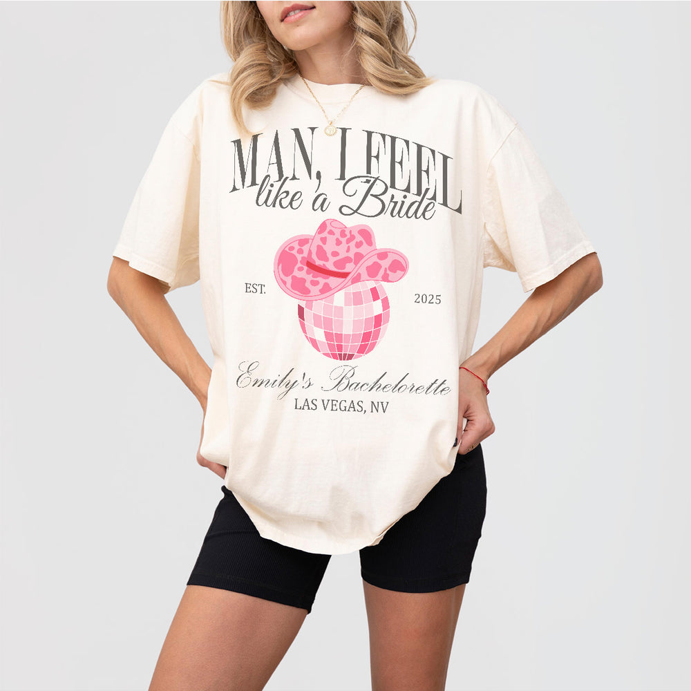 Ivory cotton bachelorette party shirt with cowgirl and Nashville bride theme for the bride-to-be, maid of honor, and bridal party