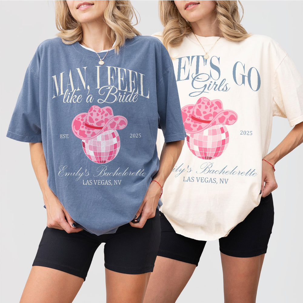 Group of matching heather gray bachelorette shirts with cowgirl and Nashville themes for the bride and bridal party to wear together