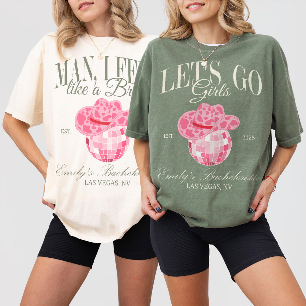 Matching disco cowgirl bachelorette party shirts for the bride, maid of honor, and bridal party in Nashville, Tennessee