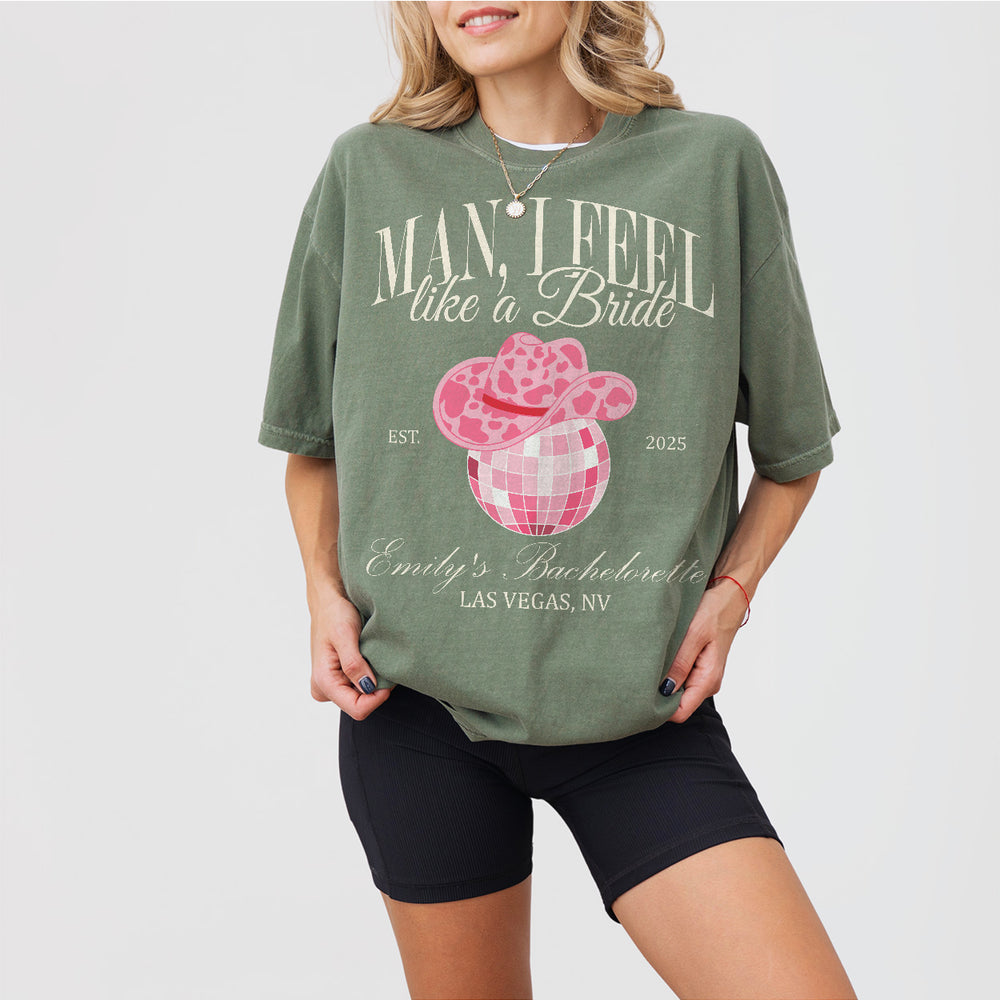 Custom moss green cotton shirt for bachelorette party cowgirls, bride and maids of honor, with Nashville bachelorette party print design