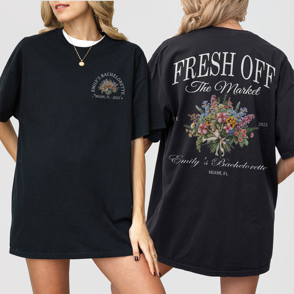 Custom black cotton bachelorette shirt with wildflower floral design, perfect for the bride-to-be on her last fling before the ring