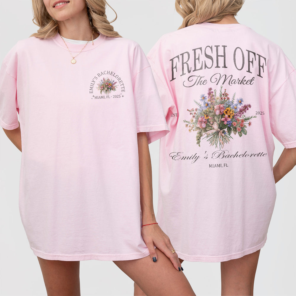Bachelorette party shirt with fresh wildflower design, personalized floral print on soft cotton for the bride-to-be's last fling before the ring