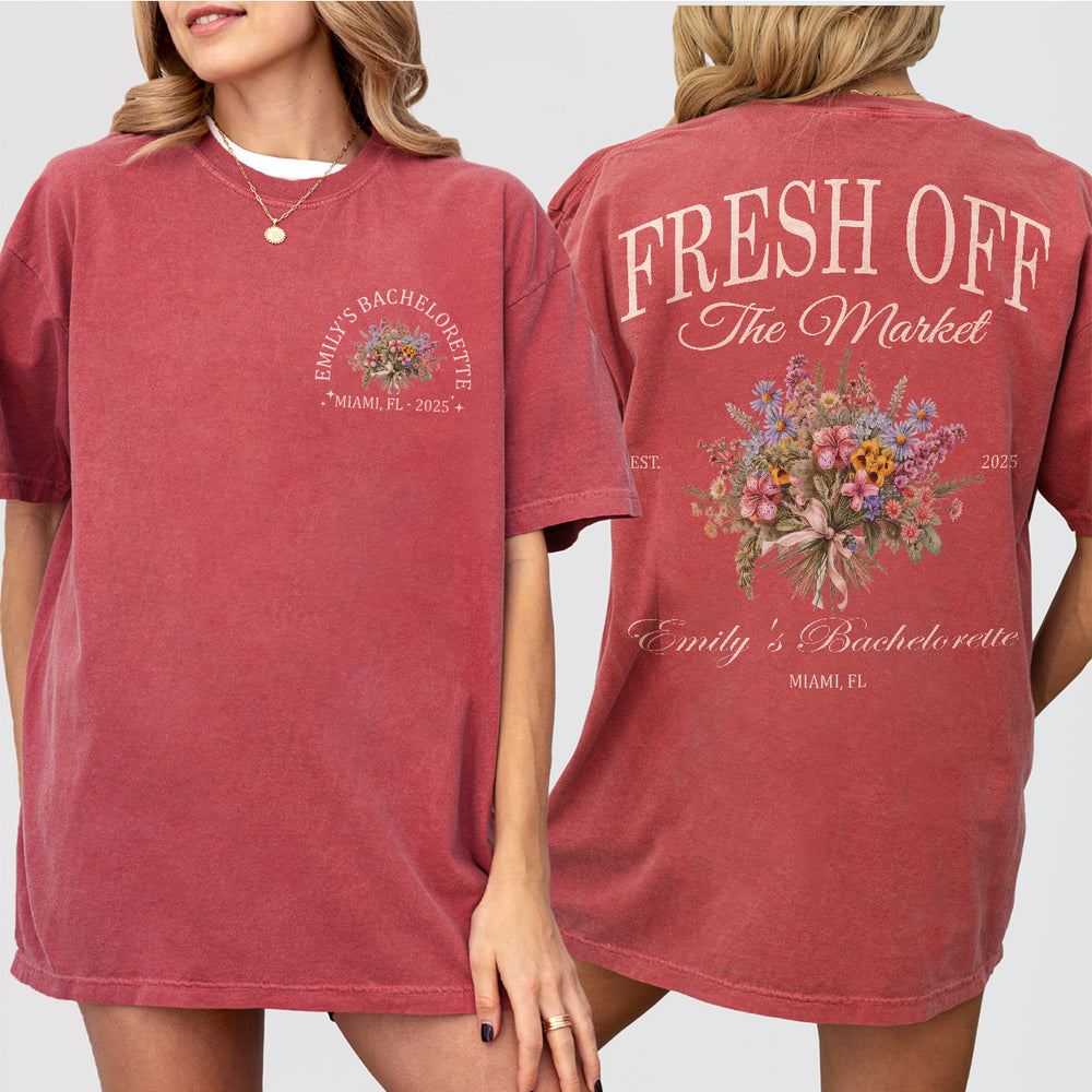 Crimson cotton bachelorette shirt with floral print and "Fresh Off the Market" text - perfect bridal party gift for wildflower themed celebrations