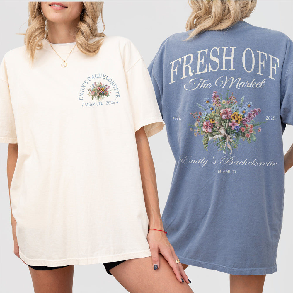 Cotton bridal party shirts featuring a wildflower floral print, perfect for coordinating with the bride on her bachelorette weekend or wedding day