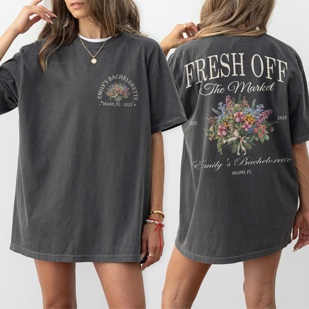 Pepper cotton bachelorette shirt printed with a wildflower floral design, perfect for the bride to wear at her garden-themed bridal party celebration