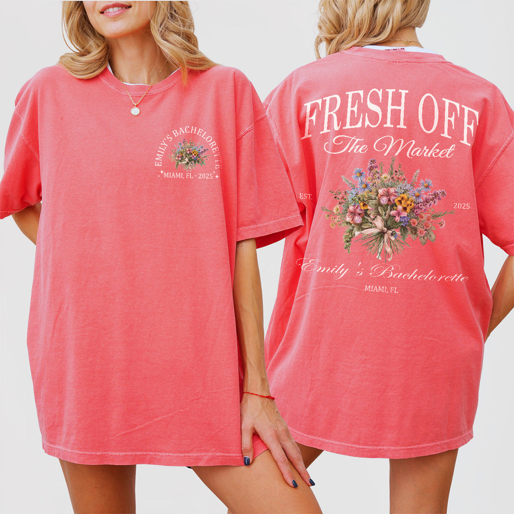 Custom floral bachelorette party shirt perfect for the bride-to-be to wear during her garden-themed bridal celebrations and wildflower bachelorette weekend
