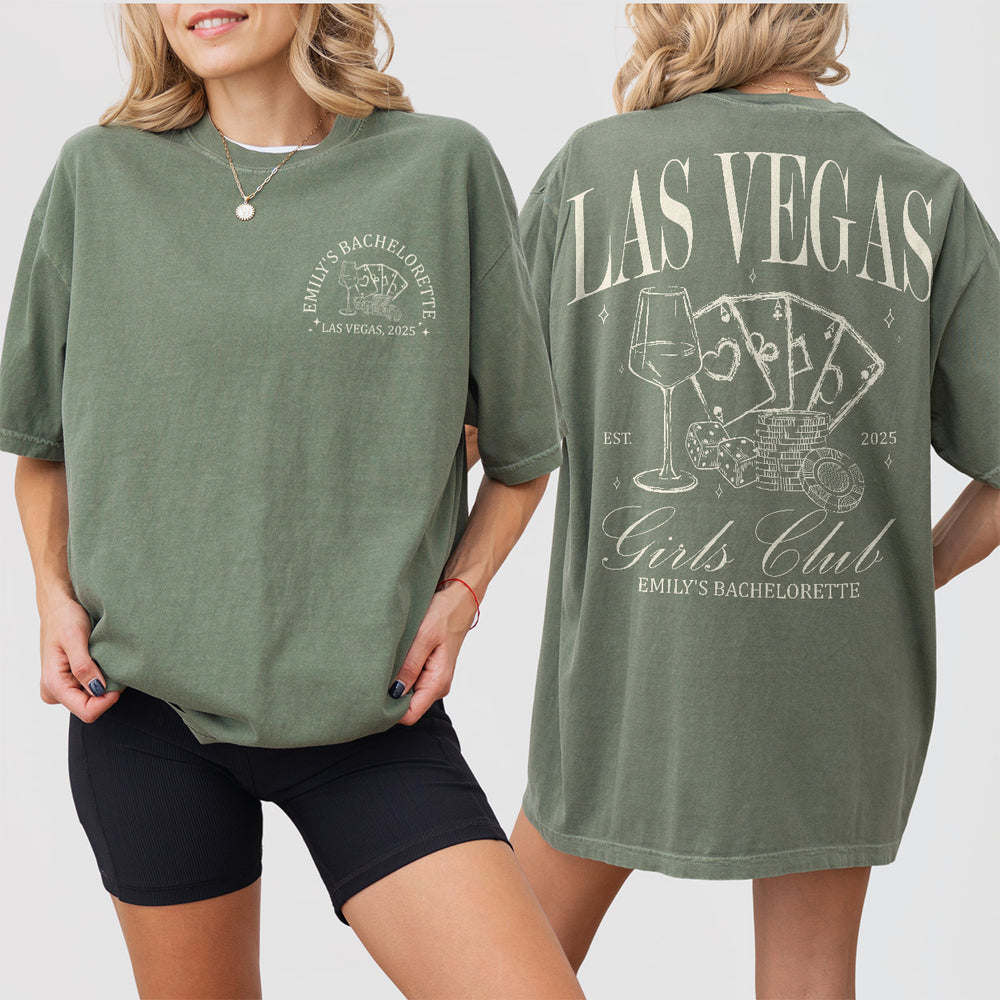 Moss green cotton shirt with retro casino and dice graphics, perfect for a bachelorette party or girls trip to Las Vegas