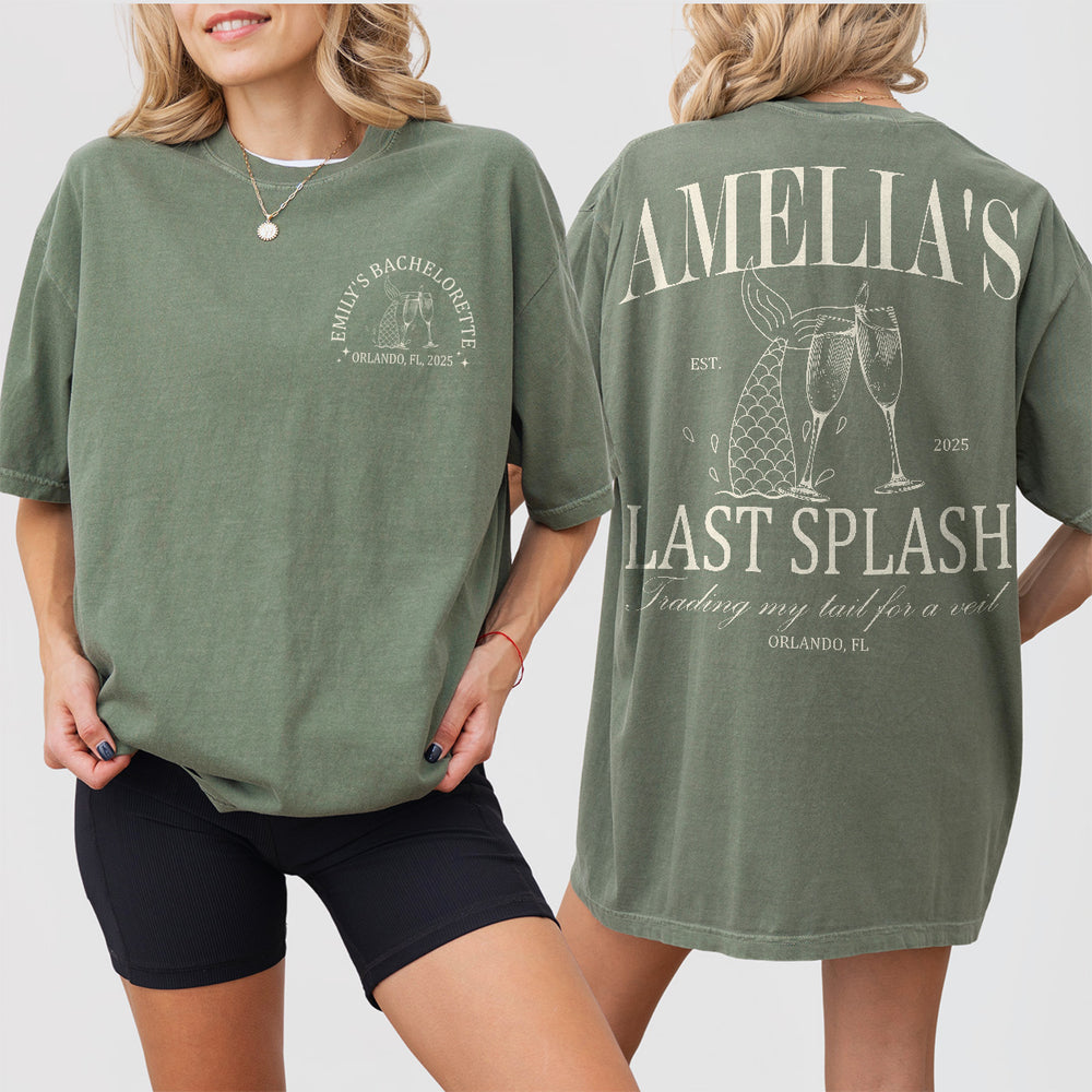 Custom Last Splash Bachelorette Party Shirt Personalized Mermaid Vacation Bridesmaid Long Sleeve Tshirt Bridal Party Matching Tee Bride Team - Moss Product Image