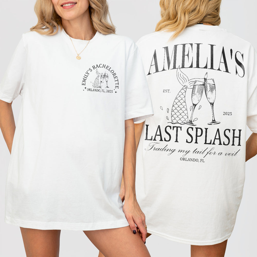 Custom Last Splash Bachelorette Party Shirt Personalized Mermaid Vacation Bridesmaid Long Sleeve Tshirt Bridal Party Matching Tee Bride Team - White Product Image