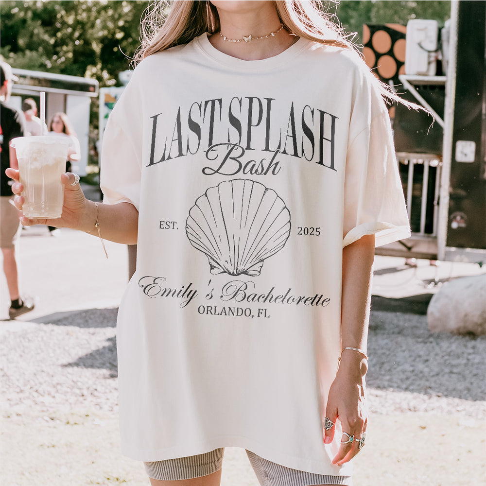 Woman wearing a personalized Last Splash bachelorette shirt for a beach or pool-side vacation and girls trip celebration
