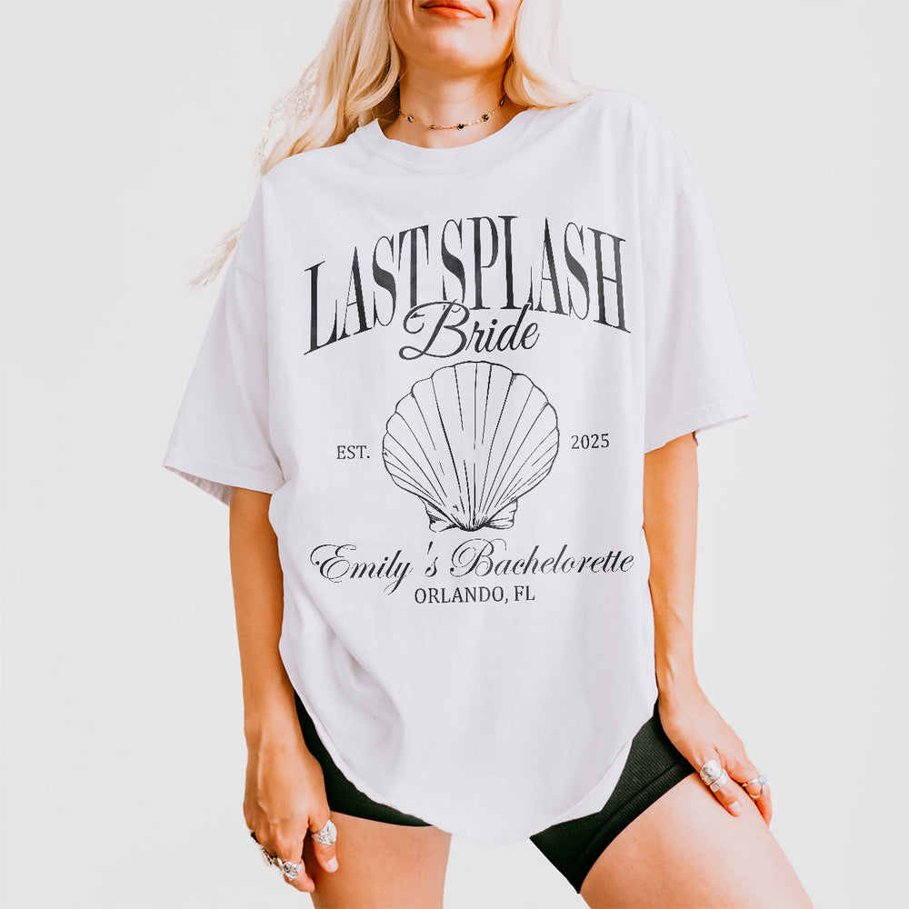 Customizable white cotton bachelorette shirt for a last bash beach trip or pool party with the bride squad