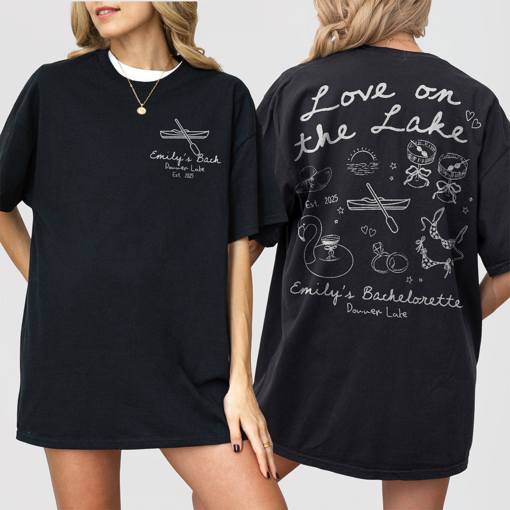 Black 100% cotton shirt for the lake bachelorette bride featuring a custom love on the lake design, perfect for camping or mountain bach parties