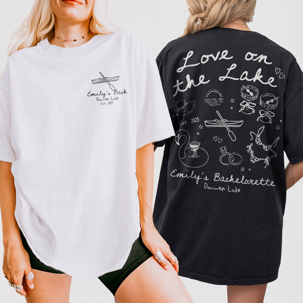 Matching comfort color shirts for a love on the lake bachelorette party, perfect for the bride and her crew camping near mountains