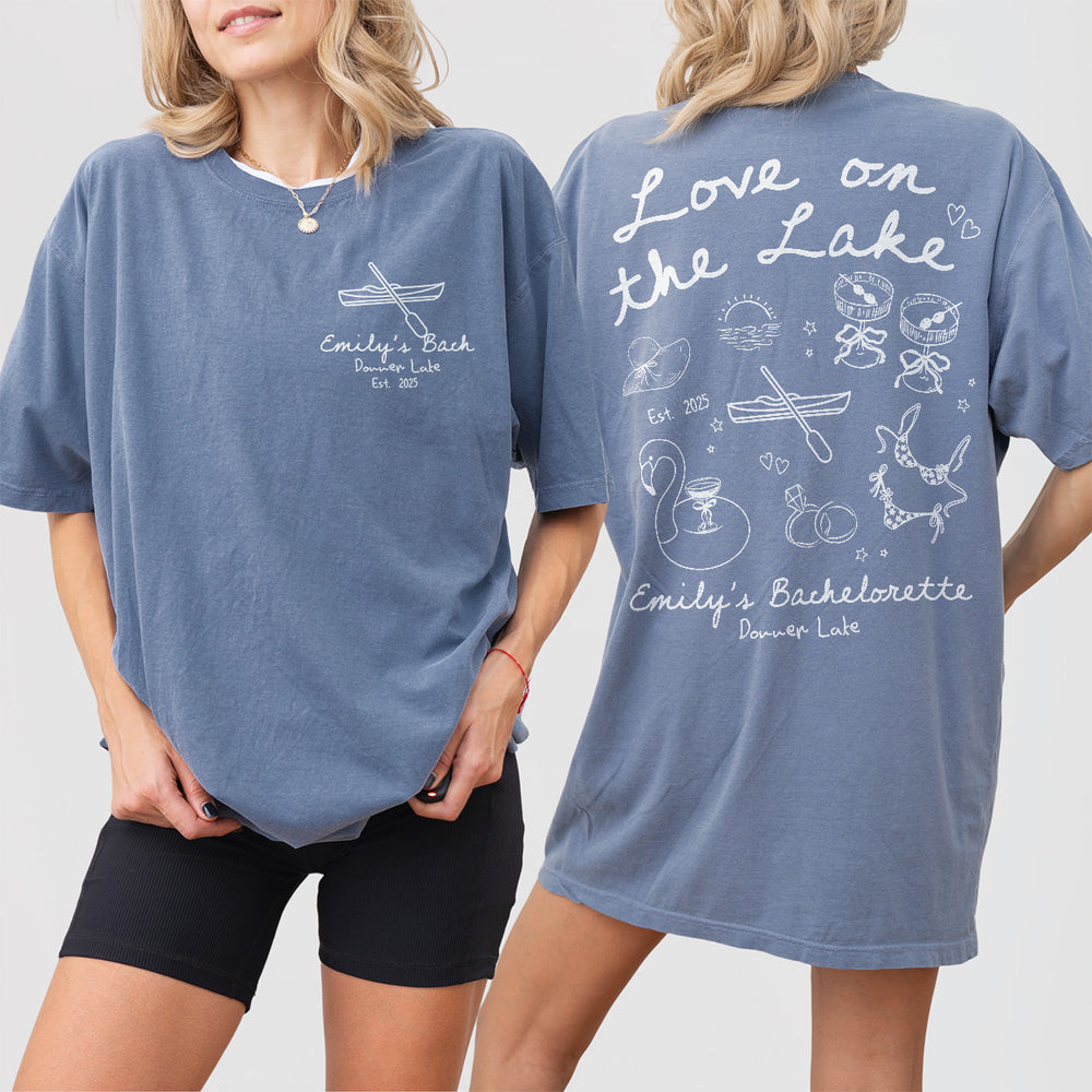Comfy blue jean cotton shirt for a custom bachelorette party with a love on the lake, camping, or mountain theme, personalized for the bride