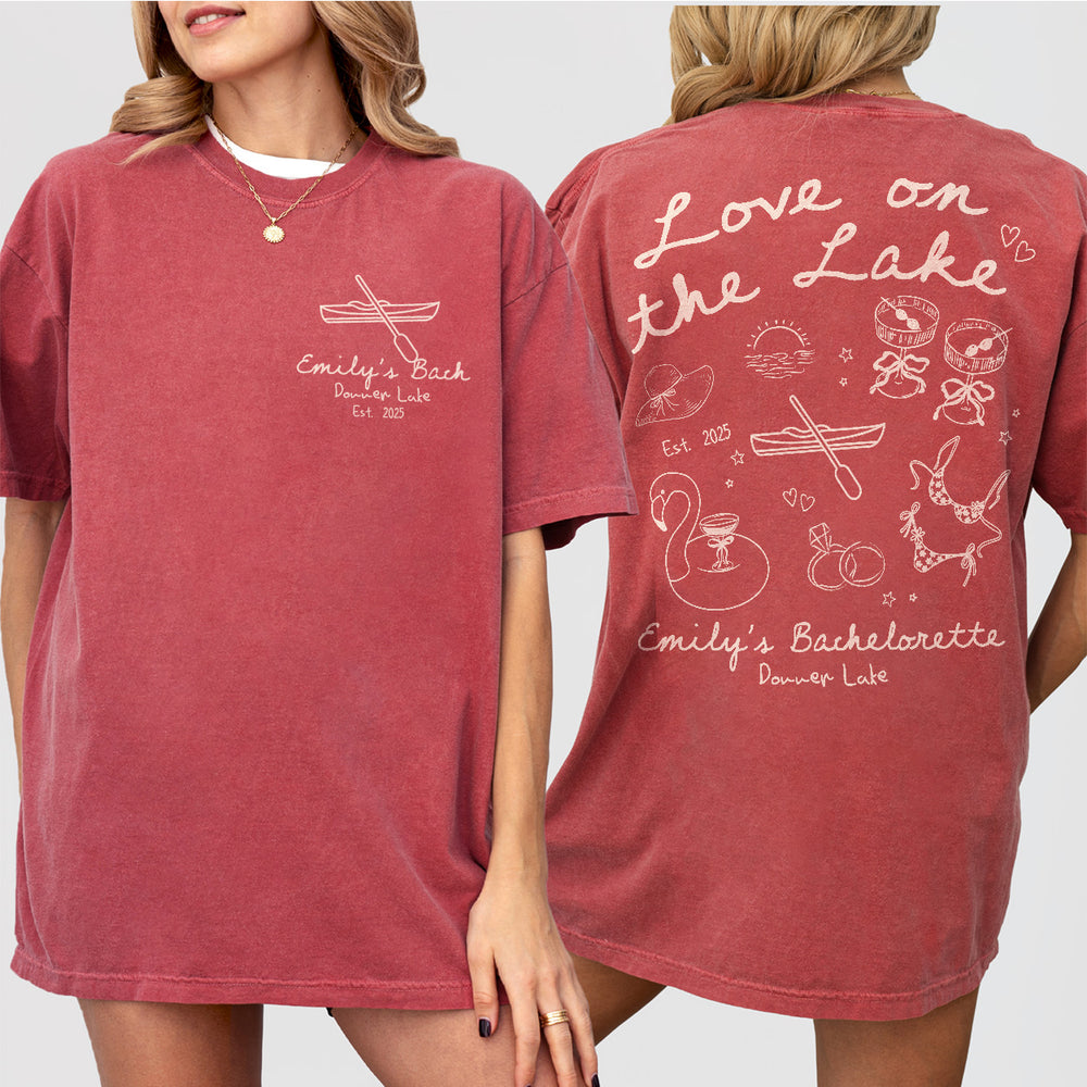 Crimson bachelorette shirt featuring a mountain lake design, perfect for a camping or outdoors themed lake bach party