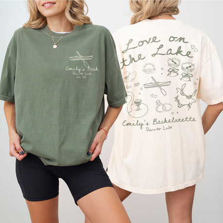 Matching shirts for a bachelorette camping or lake trip featuring the bride's custom love on the lake design