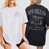Matching cotton shirts for a New Orleans bachelorette party, Mardi Gras themed bride and bridal party shirts for a girls trip to NOLA