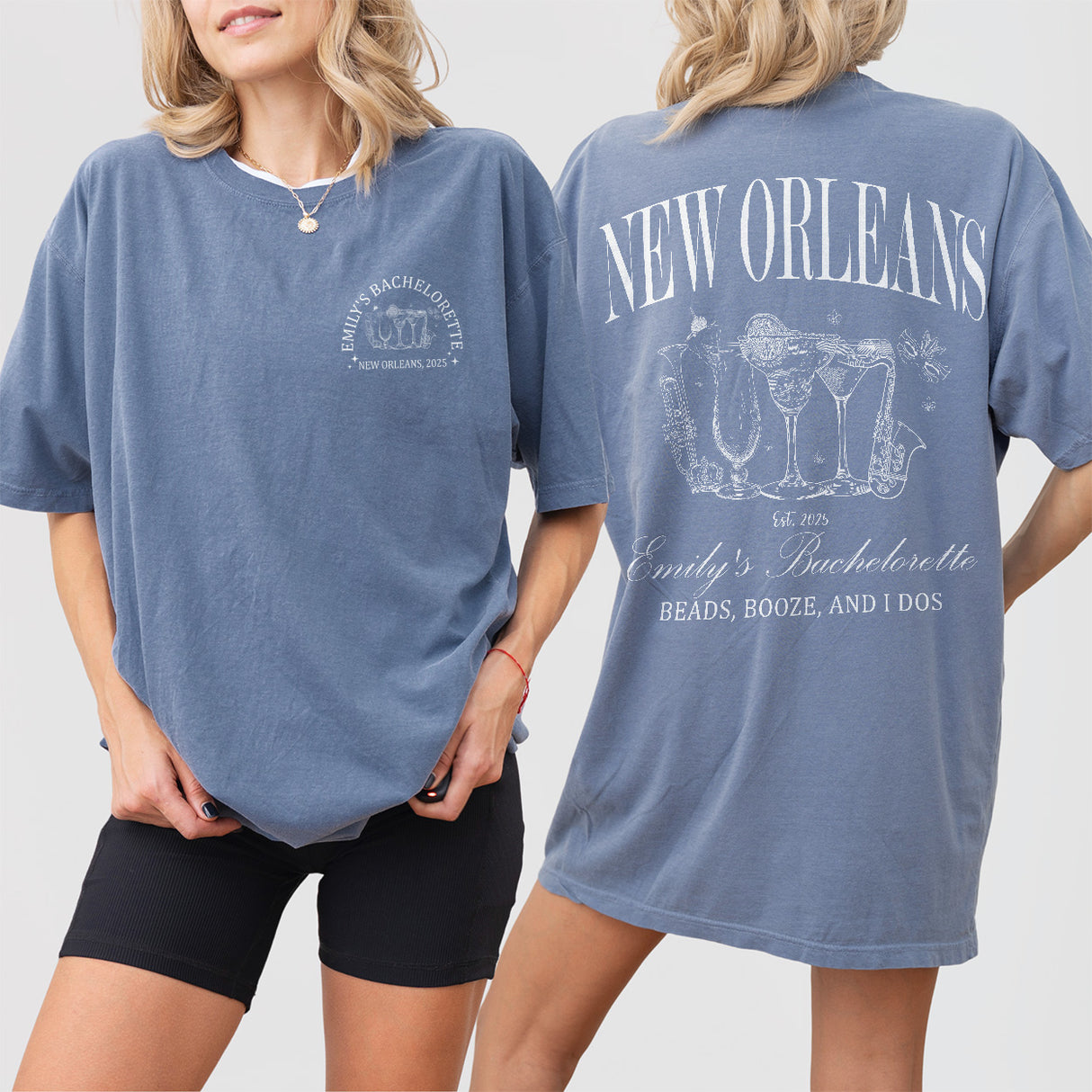 Customizable blue jean cotton shirt for New Orleans bachelorette parties, Mardi Gras celebrations, or a NOLA girls trip with the bride tribe