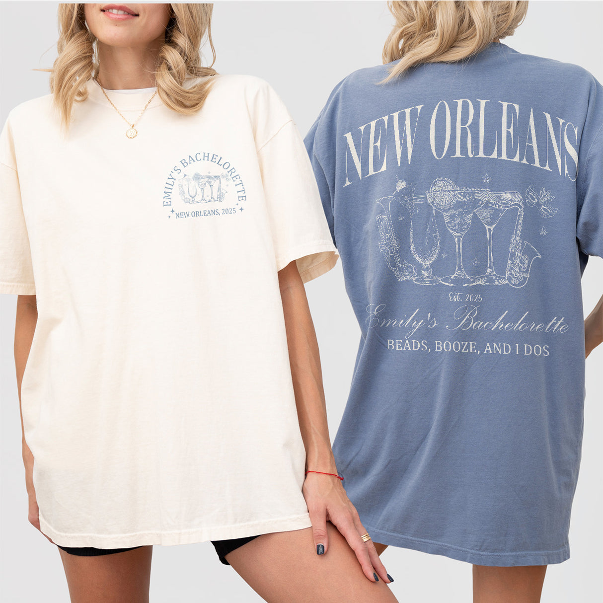 Matching cotton shirts for a New Orleans bachelorette party, Mardi Gras celebration, or NOLA girls trip with the bride-to-be and bridal party